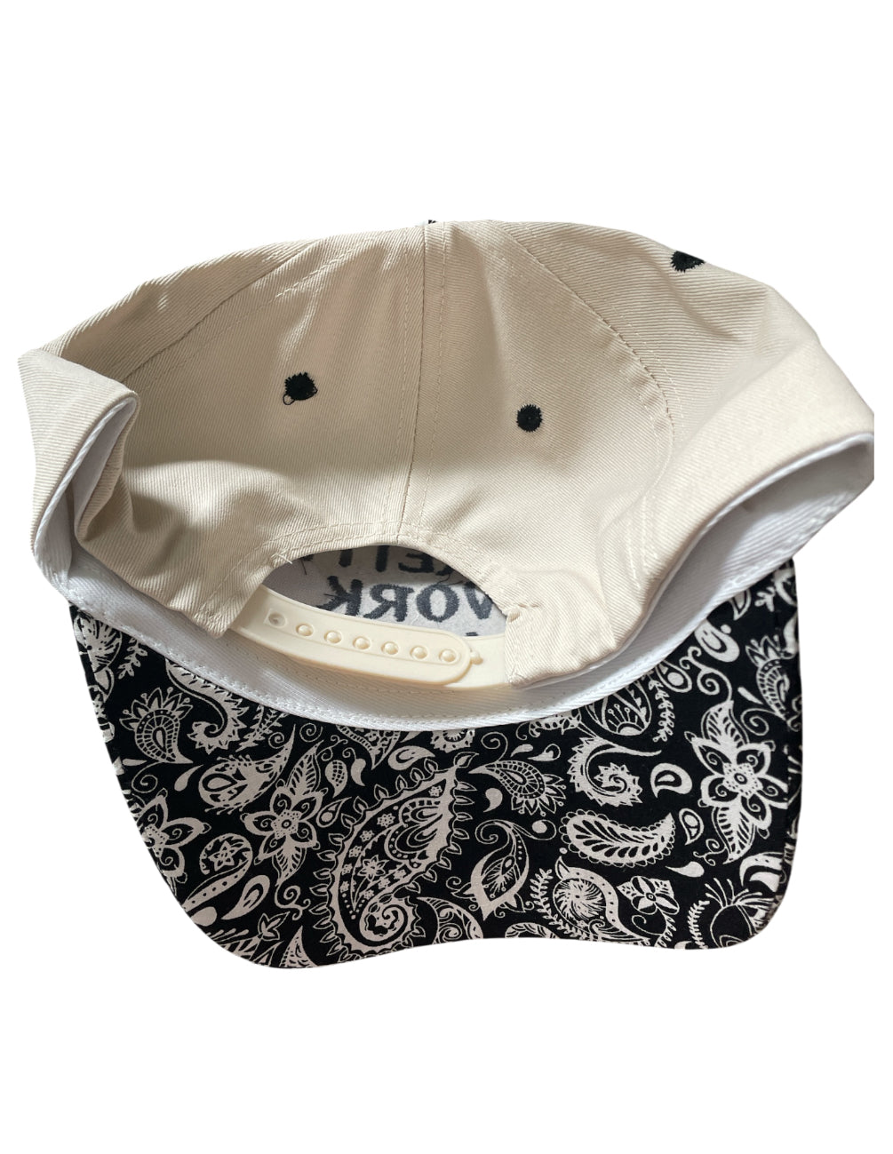 Zenana trucker hat black and white paisley embroidery "Too Pretty To Work This Hard"