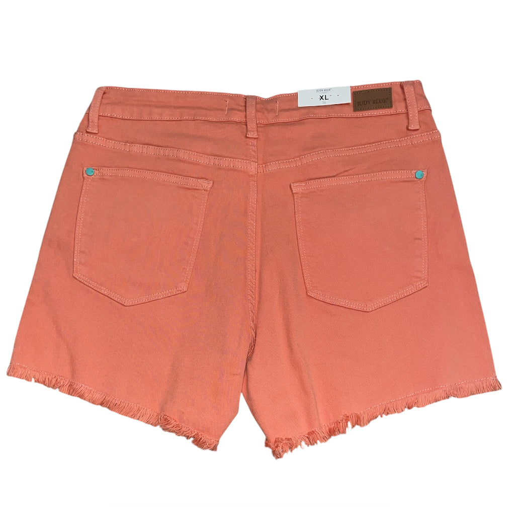 Judy Blue peach-garment-dyed jean shorts featuring a frayed raw hem (XL)