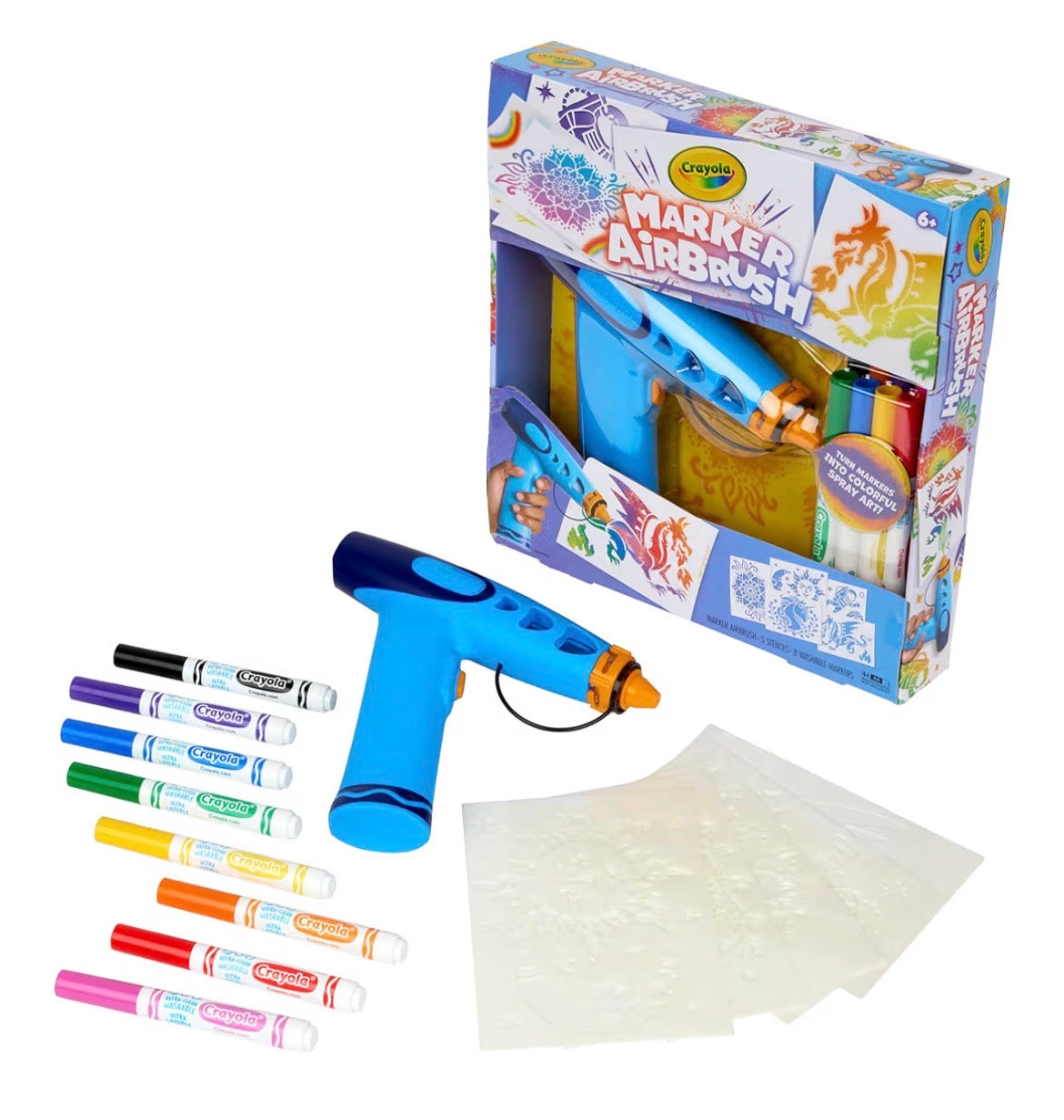 Crayola Marker Airbrush kit, featuring a blue, battery-powered sprayer