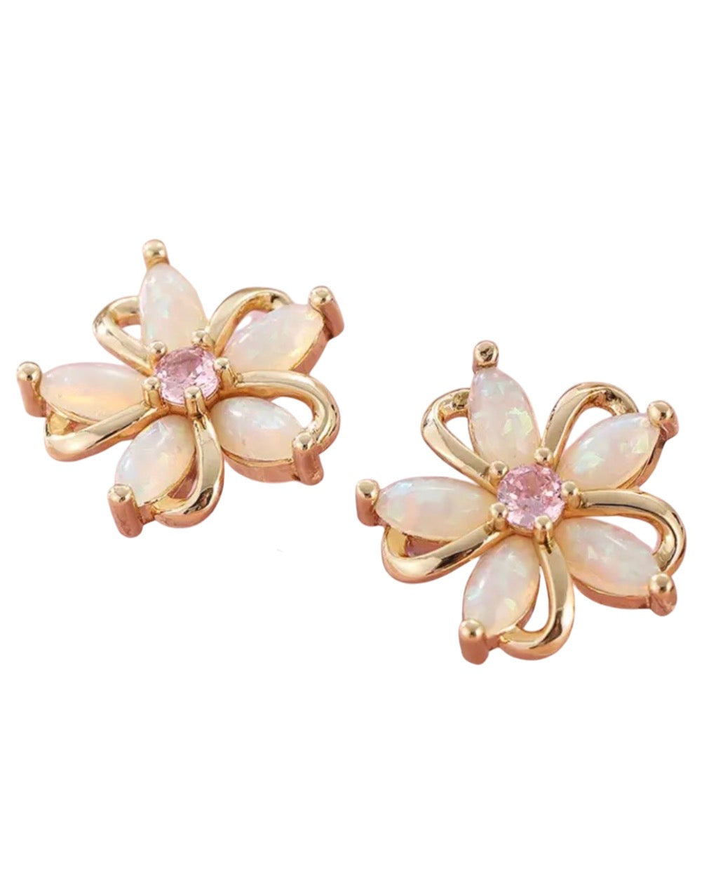 Opal flower stud earrings with a light pink gemstone centerpiece