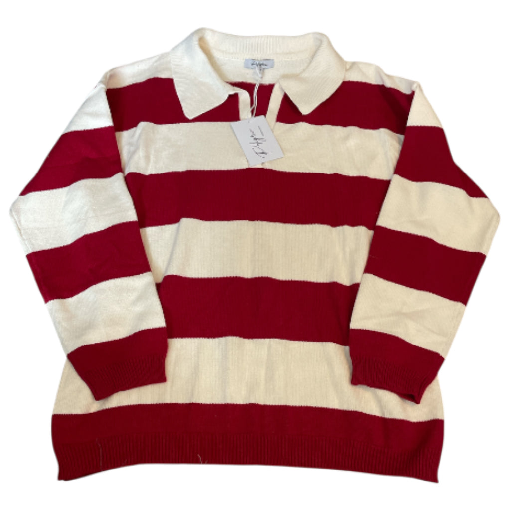 Polygram Knitted Oversized Rugby Polo Shirt in Red Stripe (1X)