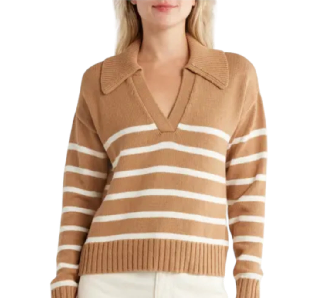 Baevely Knitted Oversized Cropped Rugby Polo Sweater in Khaki Stripe (1X)