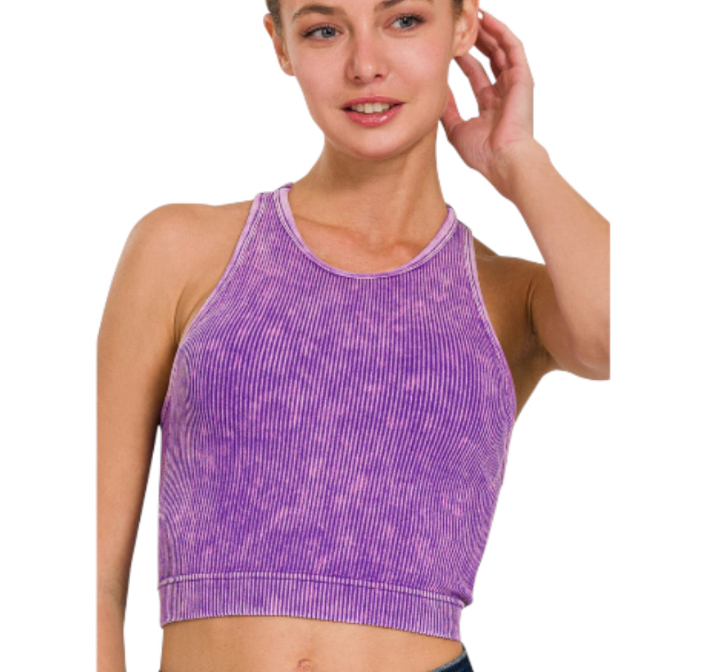 Zenana Padded Mineral Washed Ribbed Cropped Tank Top
