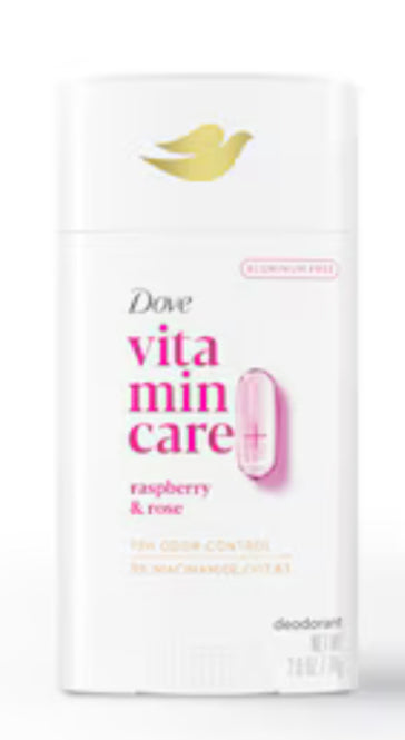 Dove VitaminCare+ Aluminum Free Deodorant Stick in Raspberry & Rose scent.