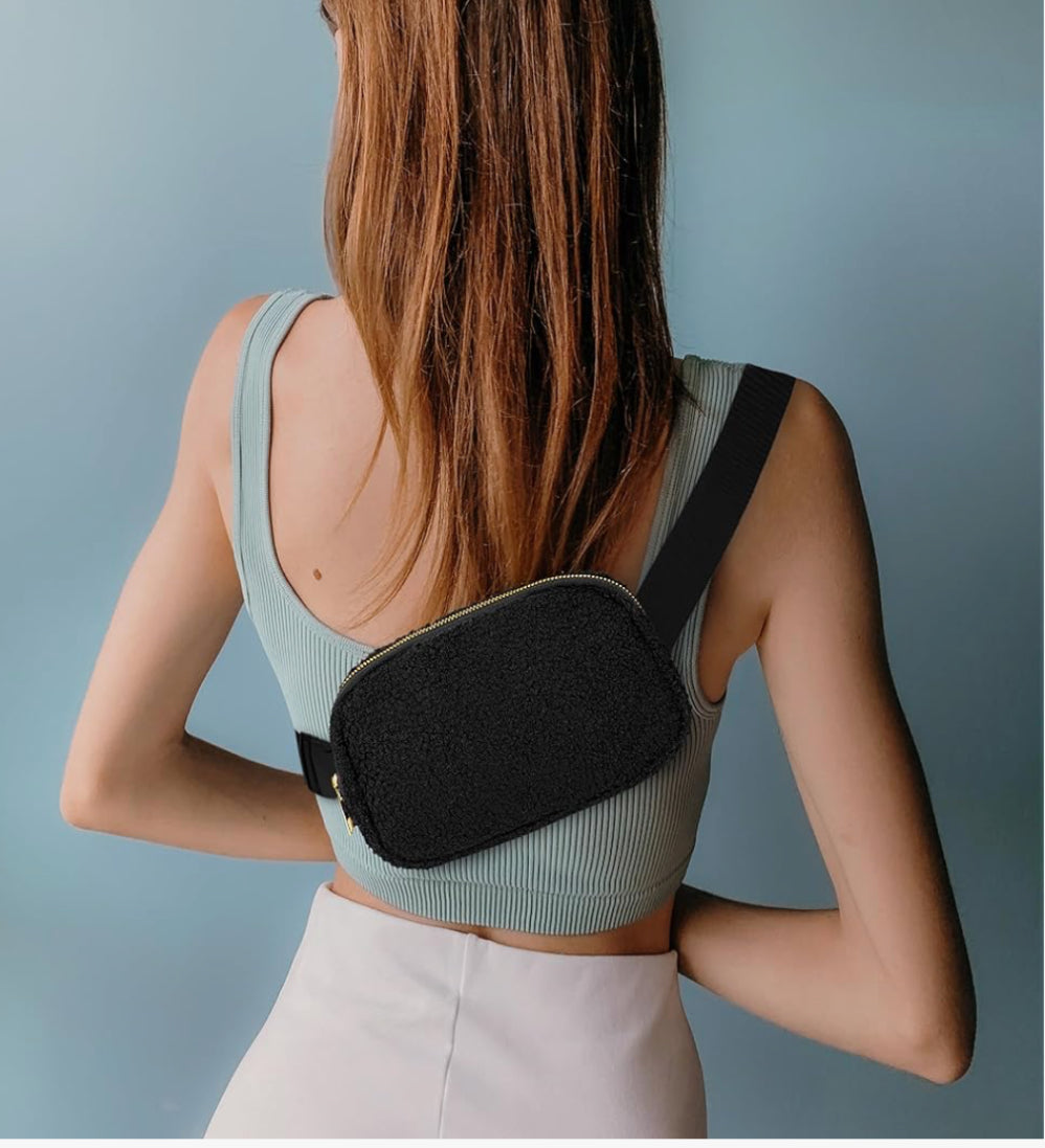 Fleece Black Crossbody Bag with Adjustable Strap