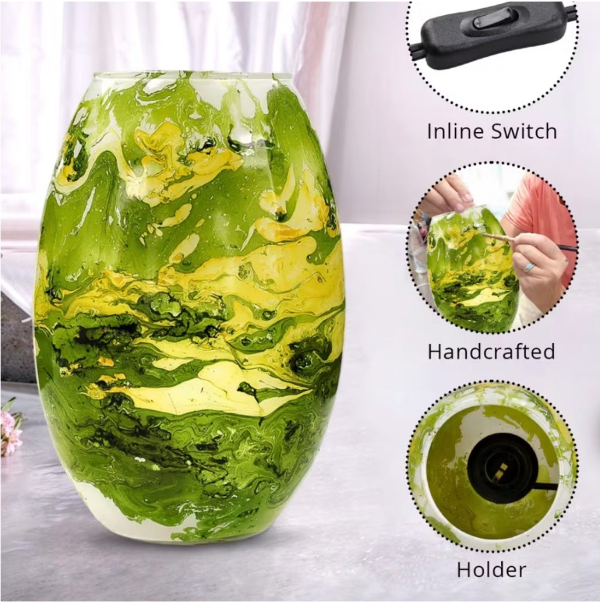 Handcrafted Marble Printed Green Glass Lamp