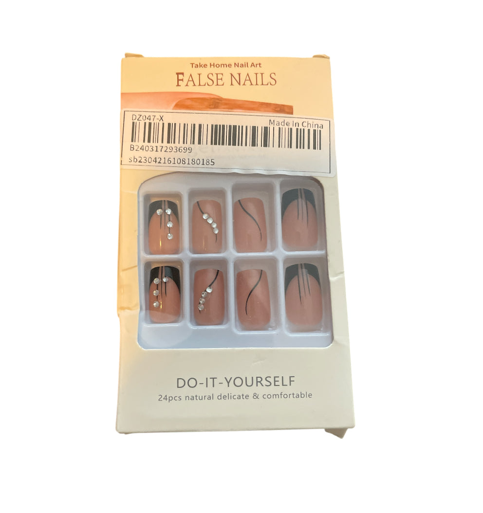 Semi-Sheer Nude Rhinestones Long Square French Style Nails
