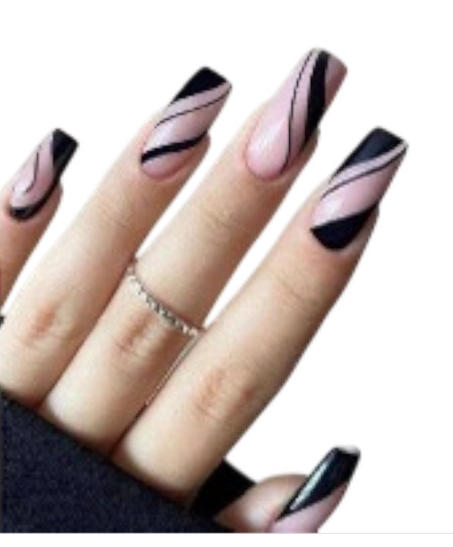 Black & Nude Stylish Striped Press On Nails