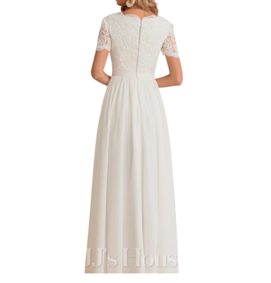 A-line V-Neck Floor-Length Lace Chiffon Wedding Dress