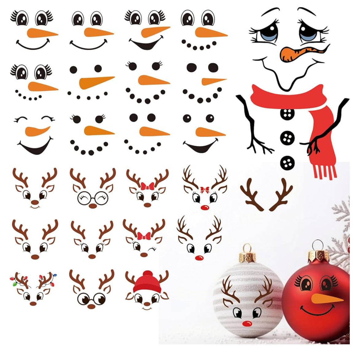 25 PCS Snowman/Reindeer Face Stickers for Crafts