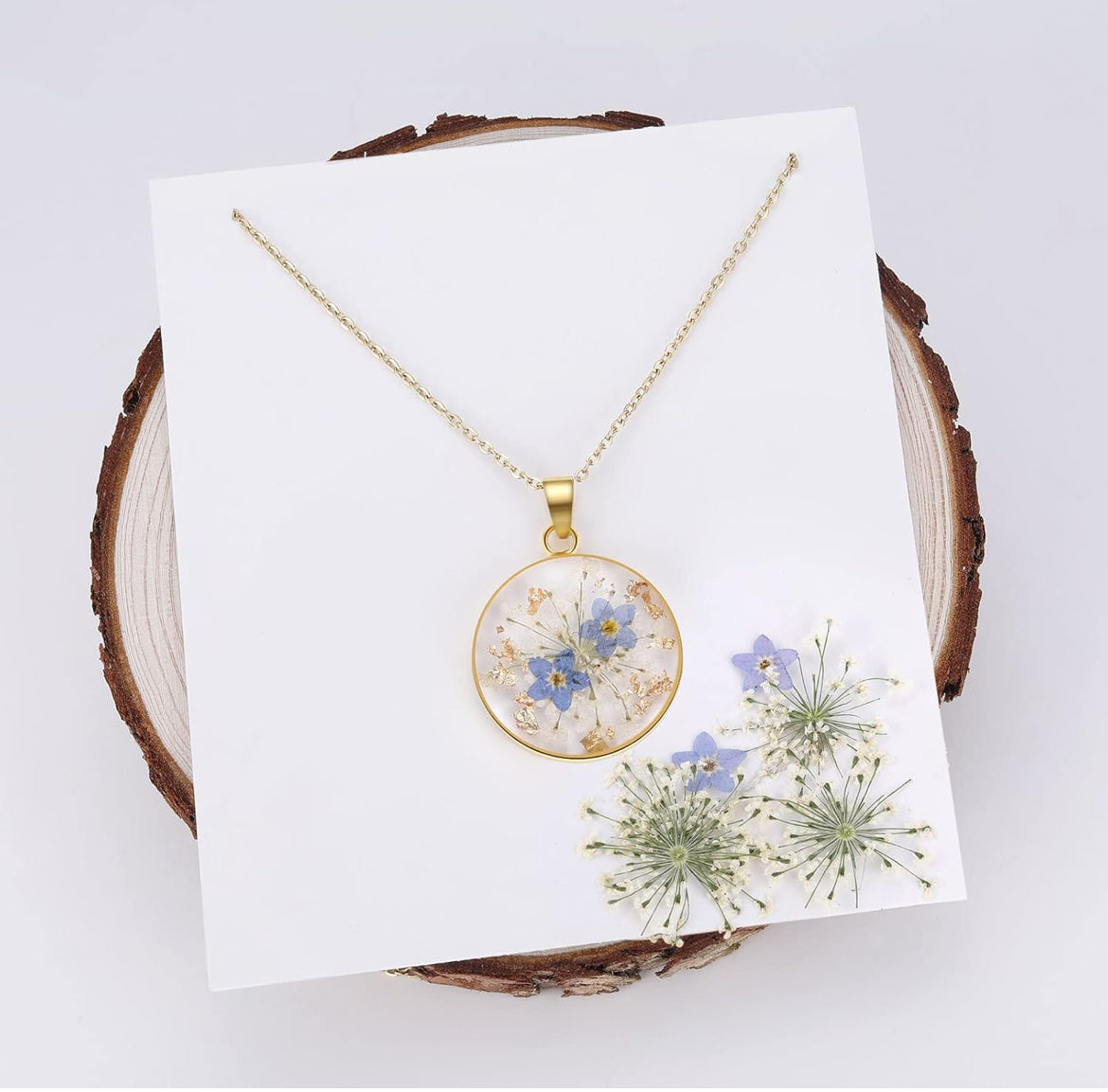 Forget-Me-Not and Queen Anne's Lace Pressed Wildflower Necklace