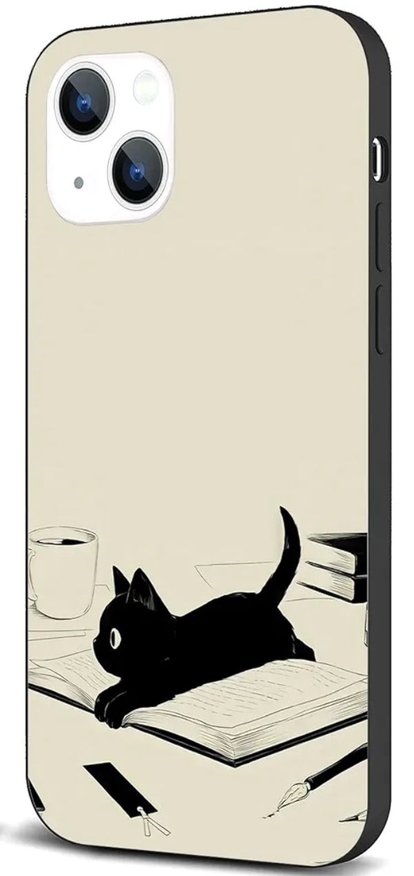 Black Cat and Books Charm for Soft Protection Case for iPhone 13