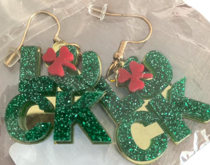 Green Glitter 'Luck' Earrings with Red Clover