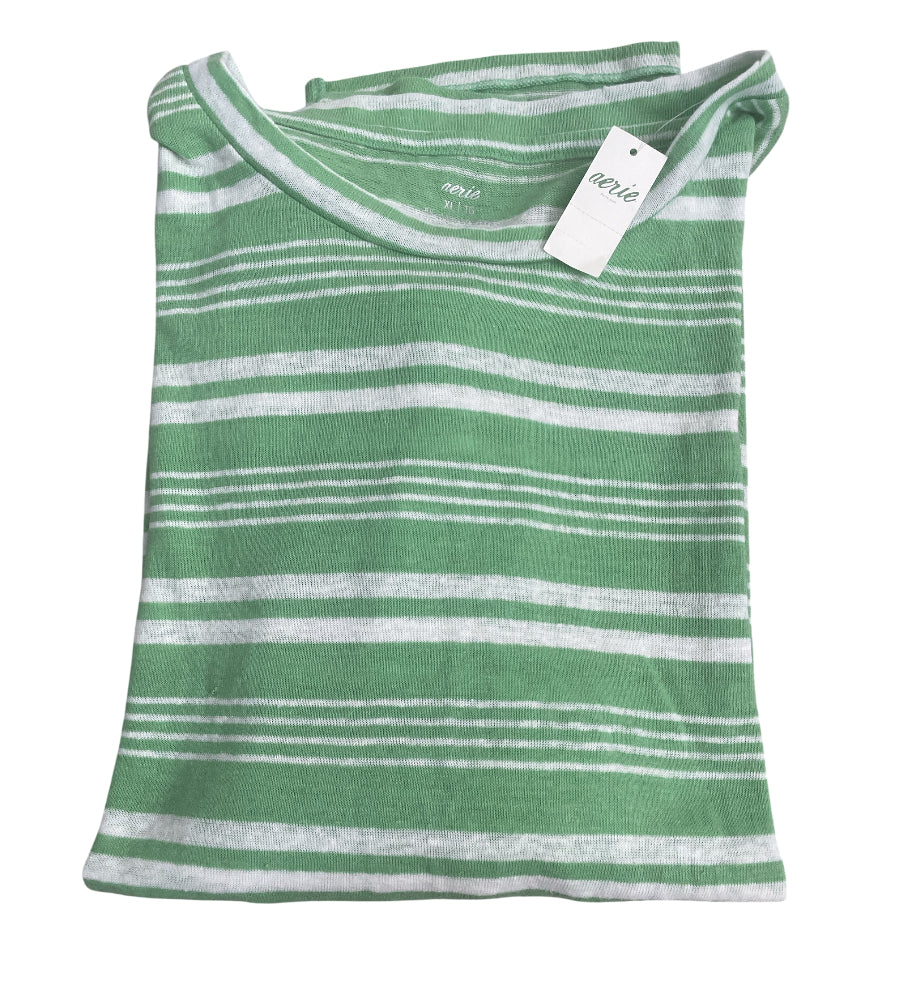 Aerie Green Striped Linen Crewneck Tee (X-Large)