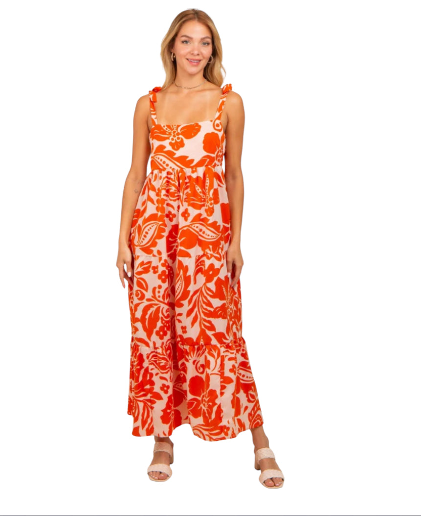 Polygram Orange Tropical Floral Shoulder Tie Tiered Midi Dress (2X)