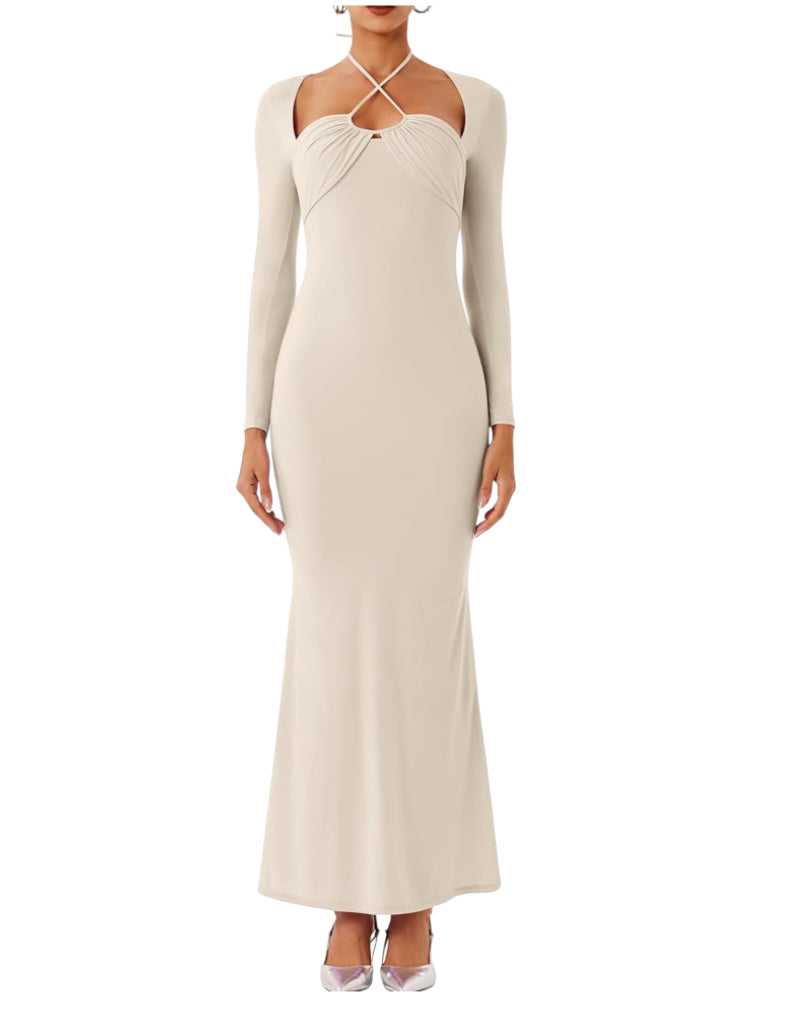 REORIA Long Sleeve Inverted Trapezoid Cross Neck Mermaid Dress (Small)