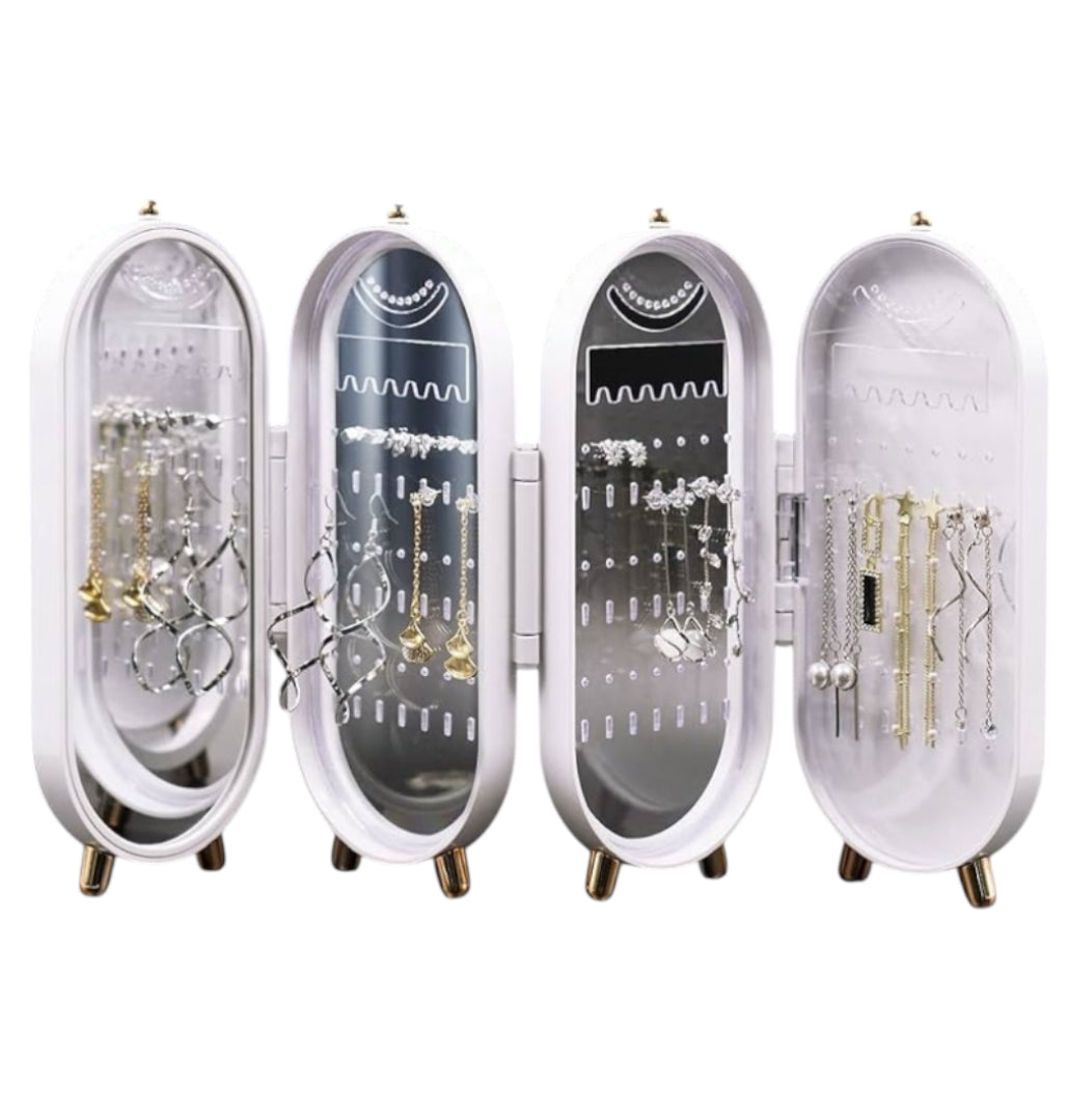 Jewelry Organizer 4 Door Stand with Mirror (White)
