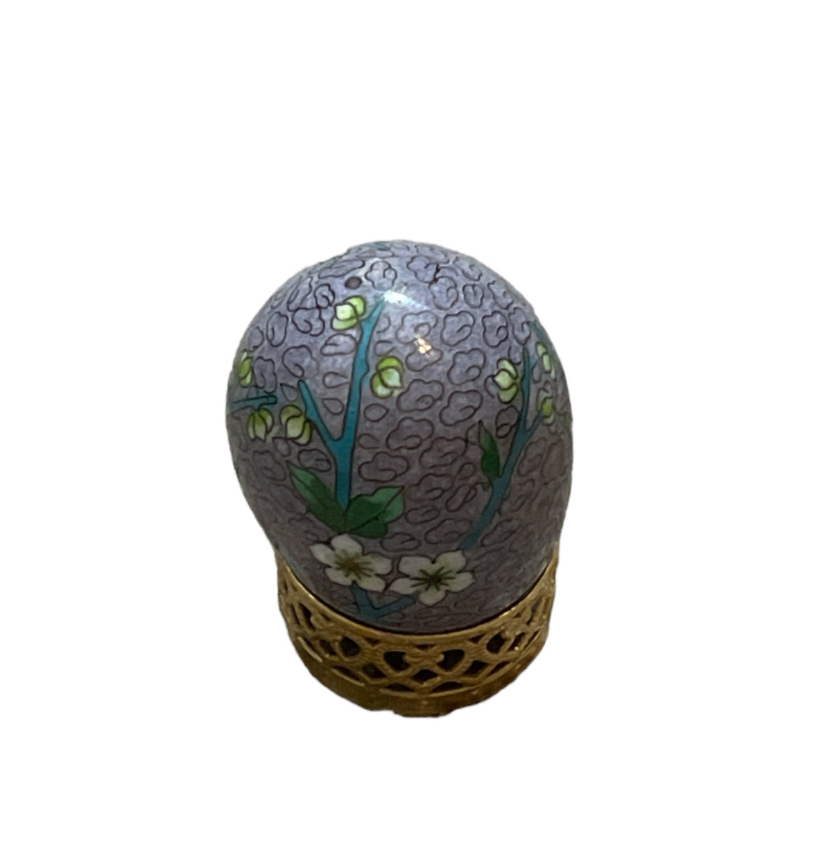 Vintage Cloisonné Egg w/ Gold Stand, Lavender Painted Enamel Floral Scene