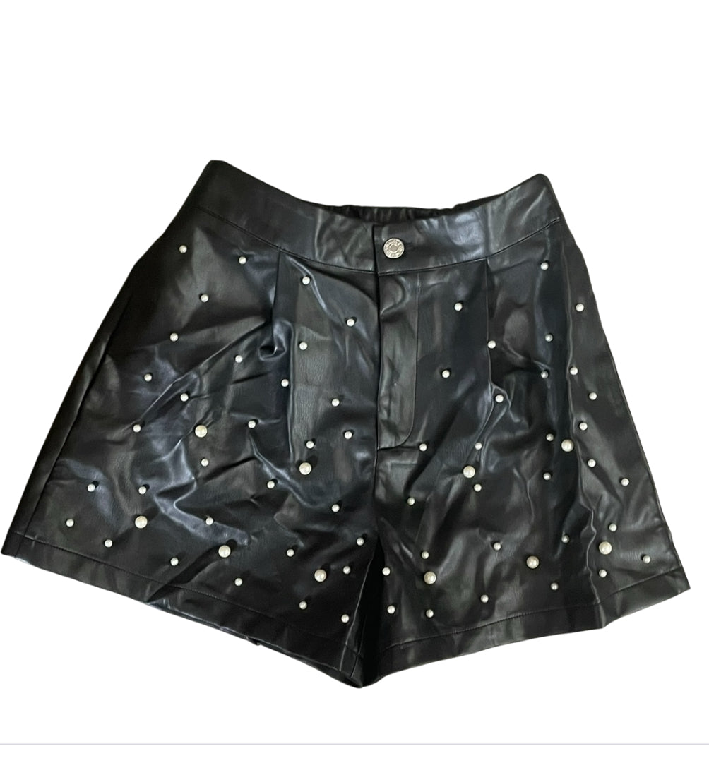 Lovelo Black Faux Leather Pearl Detail Shorts (Large)