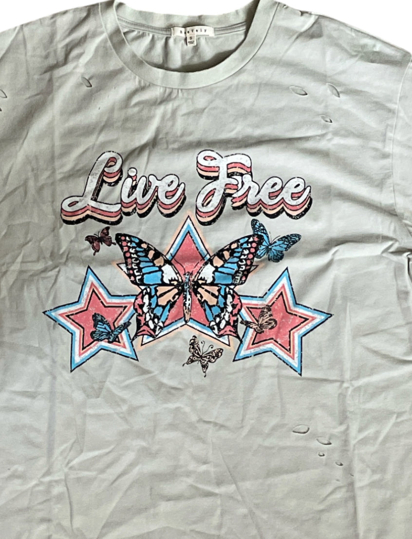 Baevely “Live Free" graphic t-shirt with a butterfly and star design.(Medium)