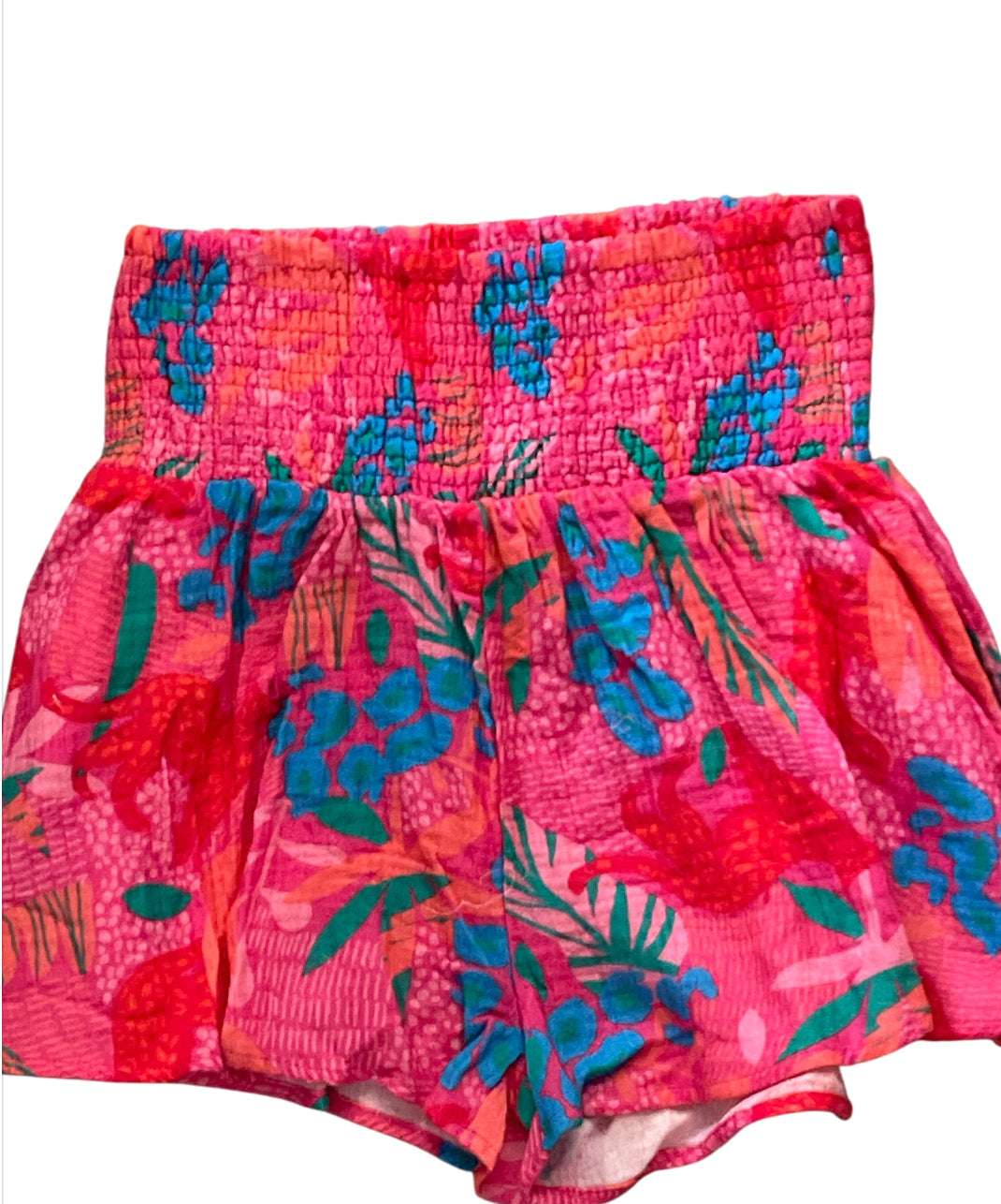 Peach Love Tropical Floral Printed Crinkled Crepe Shorts (Medium)