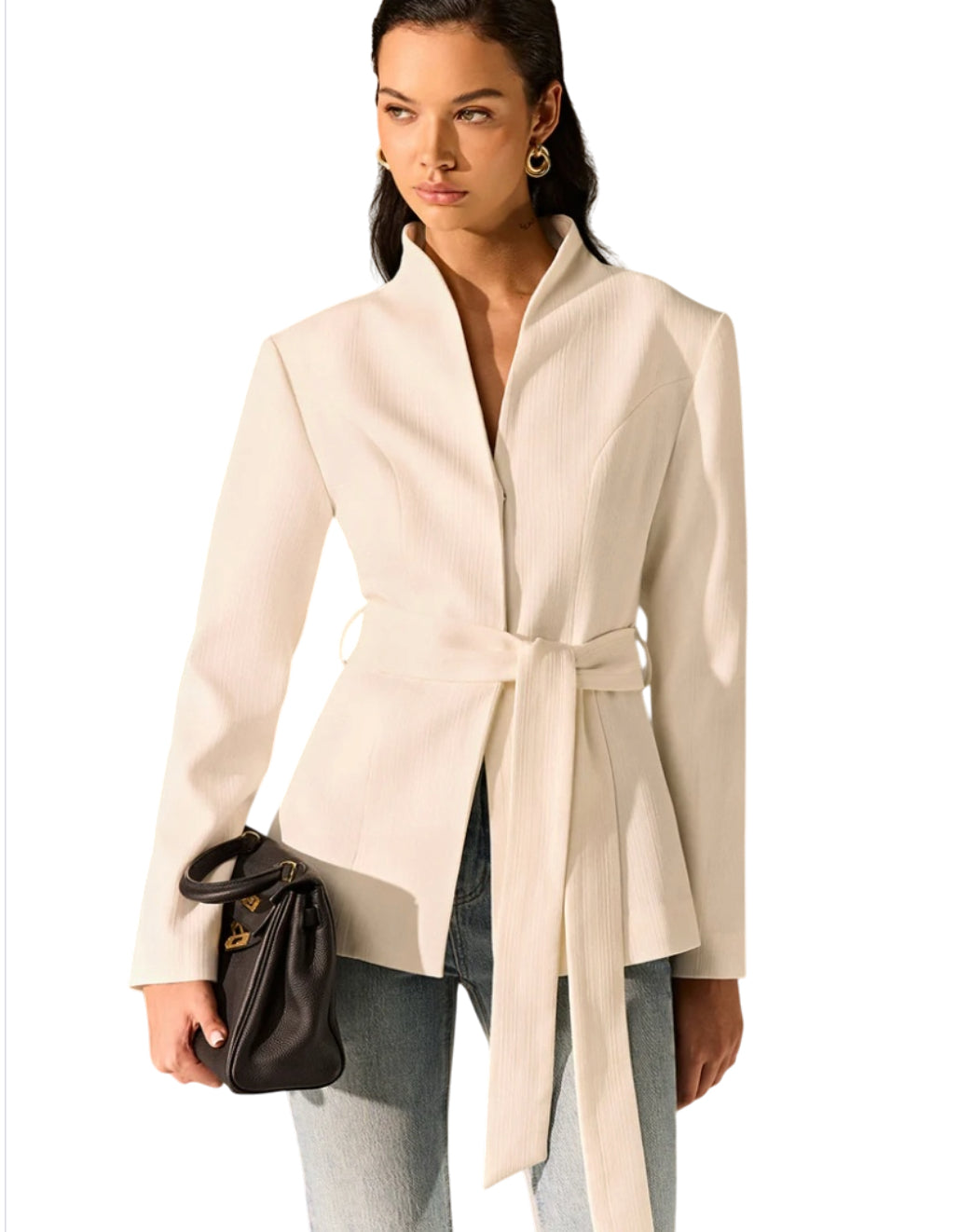 COMMENCE Stand Collar Belted Long Sleeve Blazer (XL)