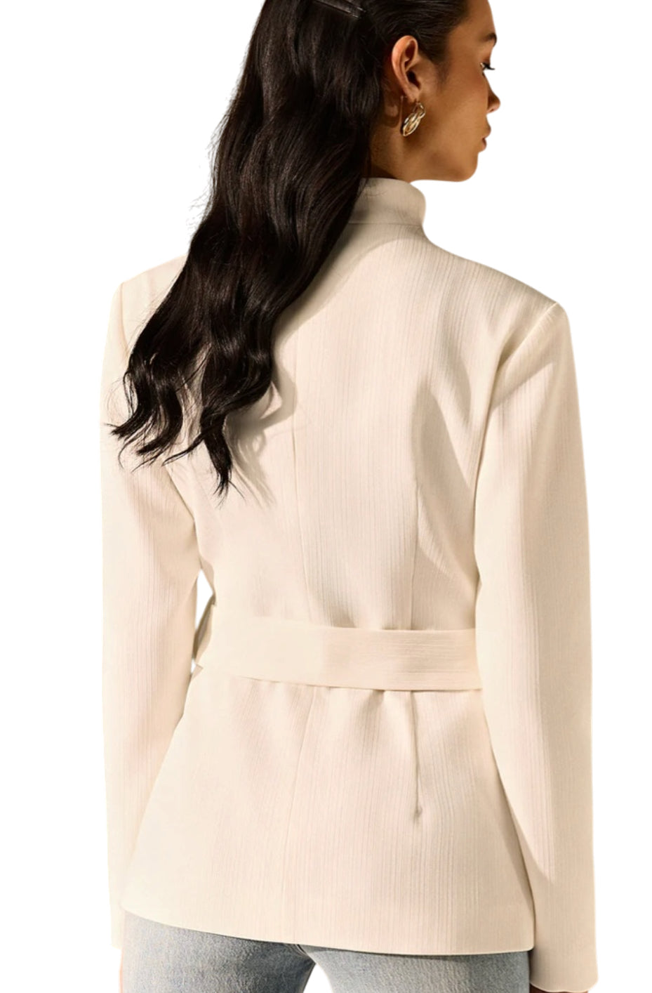 COMMENCE Stand Collar Belted Long Sleeve Blazer (XL)