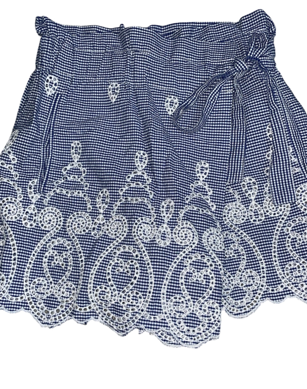 Zara Gingham Eyelet Embroidered Faux Wrap Shorts Cotton.(x-small)
