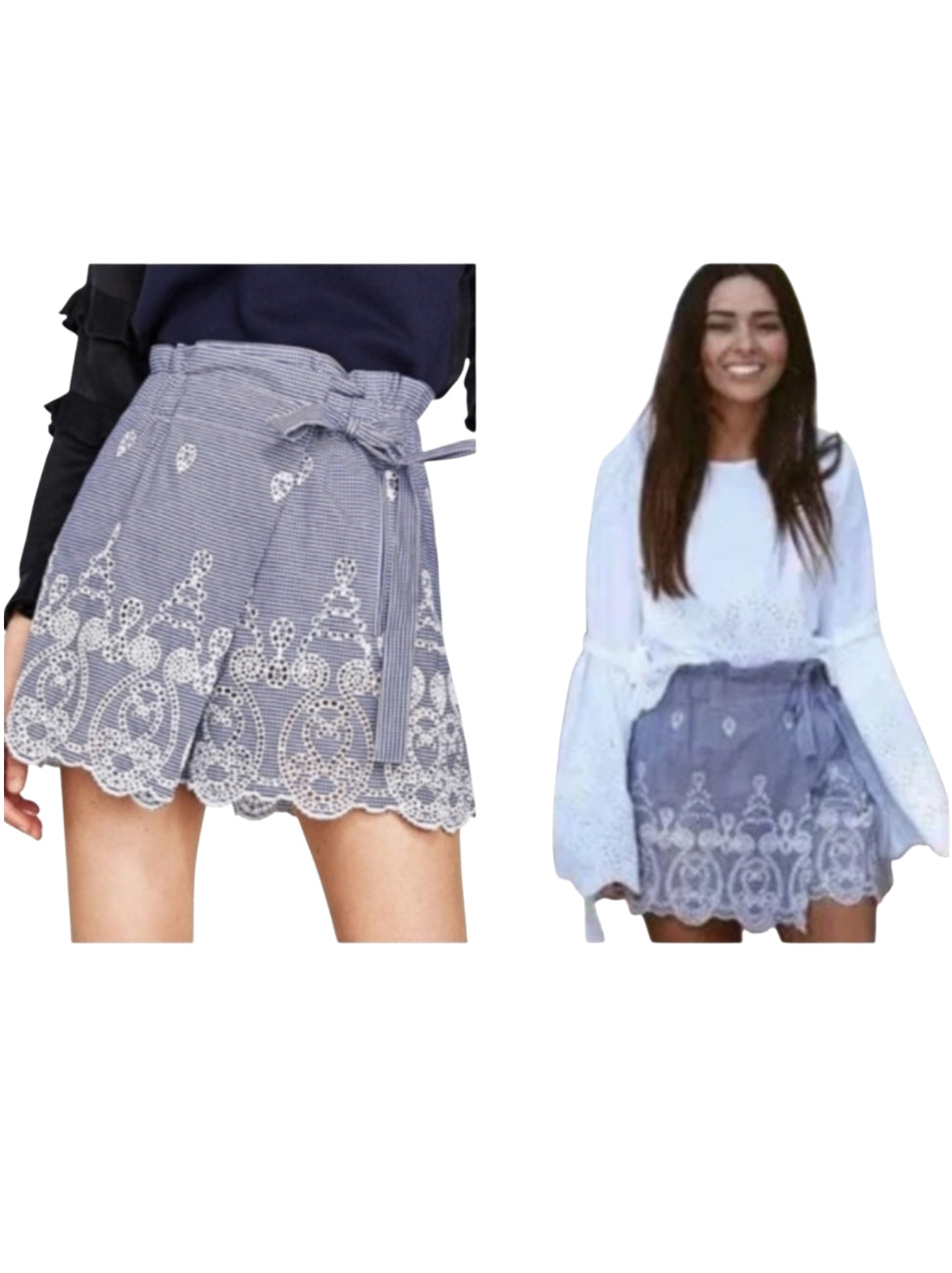 Zara Gingham Eyelet Embroidered Faux Wrap Shorts Cotton.(x-small)