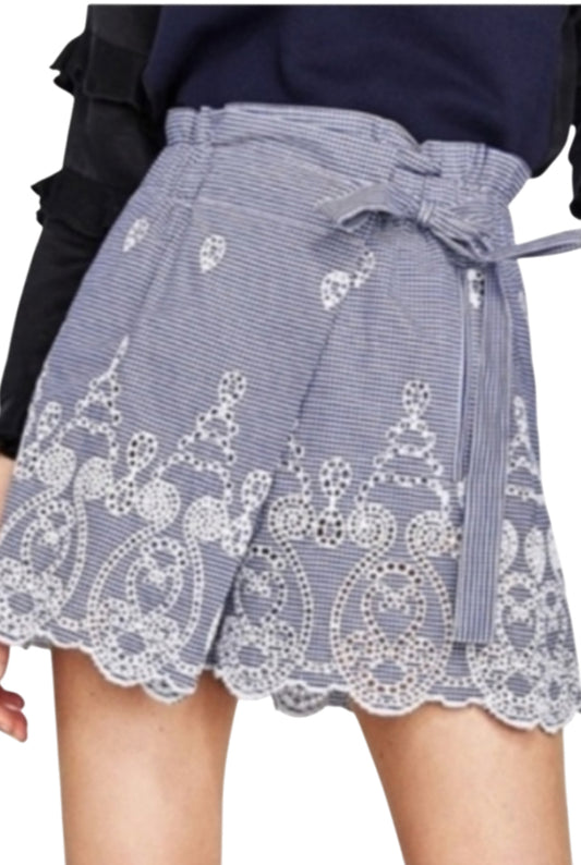 Zara Gingham Eyelet Embroidered Faux Wrap Shorts Cotton.(x-small)