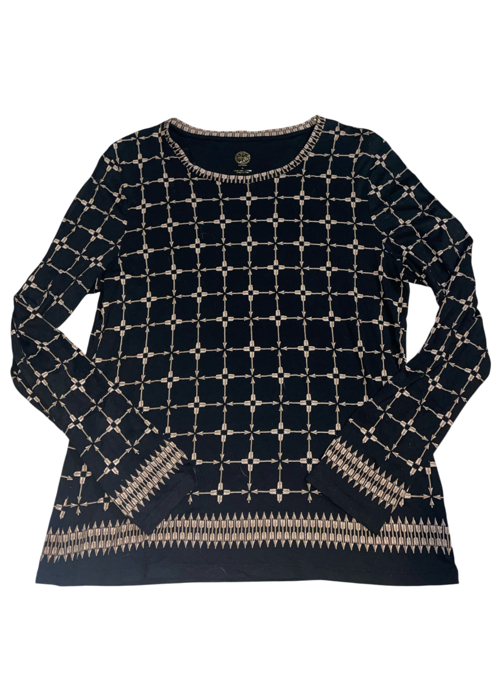 Tory Burch Geometric Windowpane Arrow Print Long Sleeve Top. (Large)