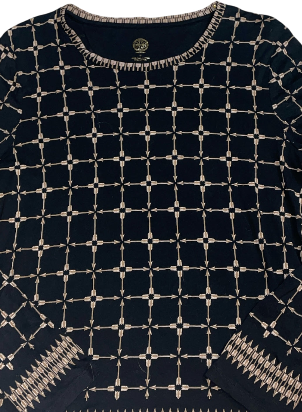 Tory Burch Geometric Windowpane Arrow Print Long Sleeve Top. (Large)