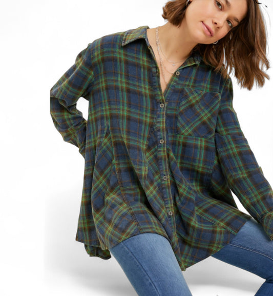 Heyson Green Mineral-Washed Plaid Button-Down Shirt (1x)