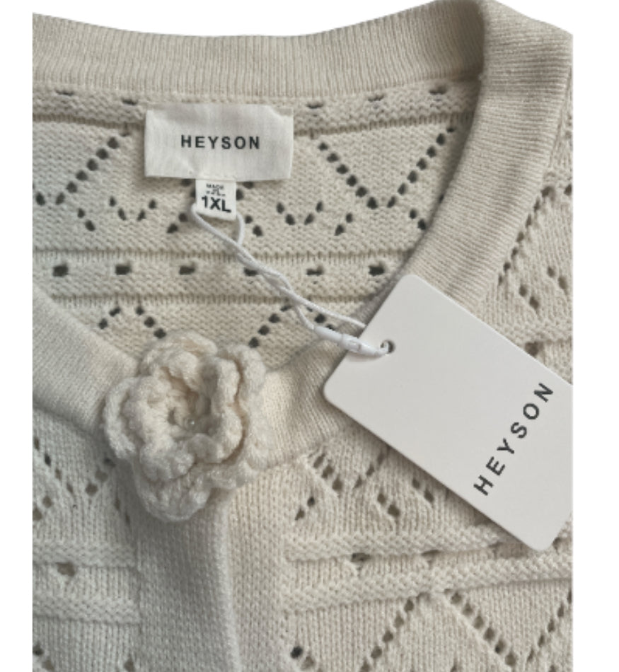 Heyson Ivory Pointelle Knit Button Up Long Sleeve Cardigan (1x)