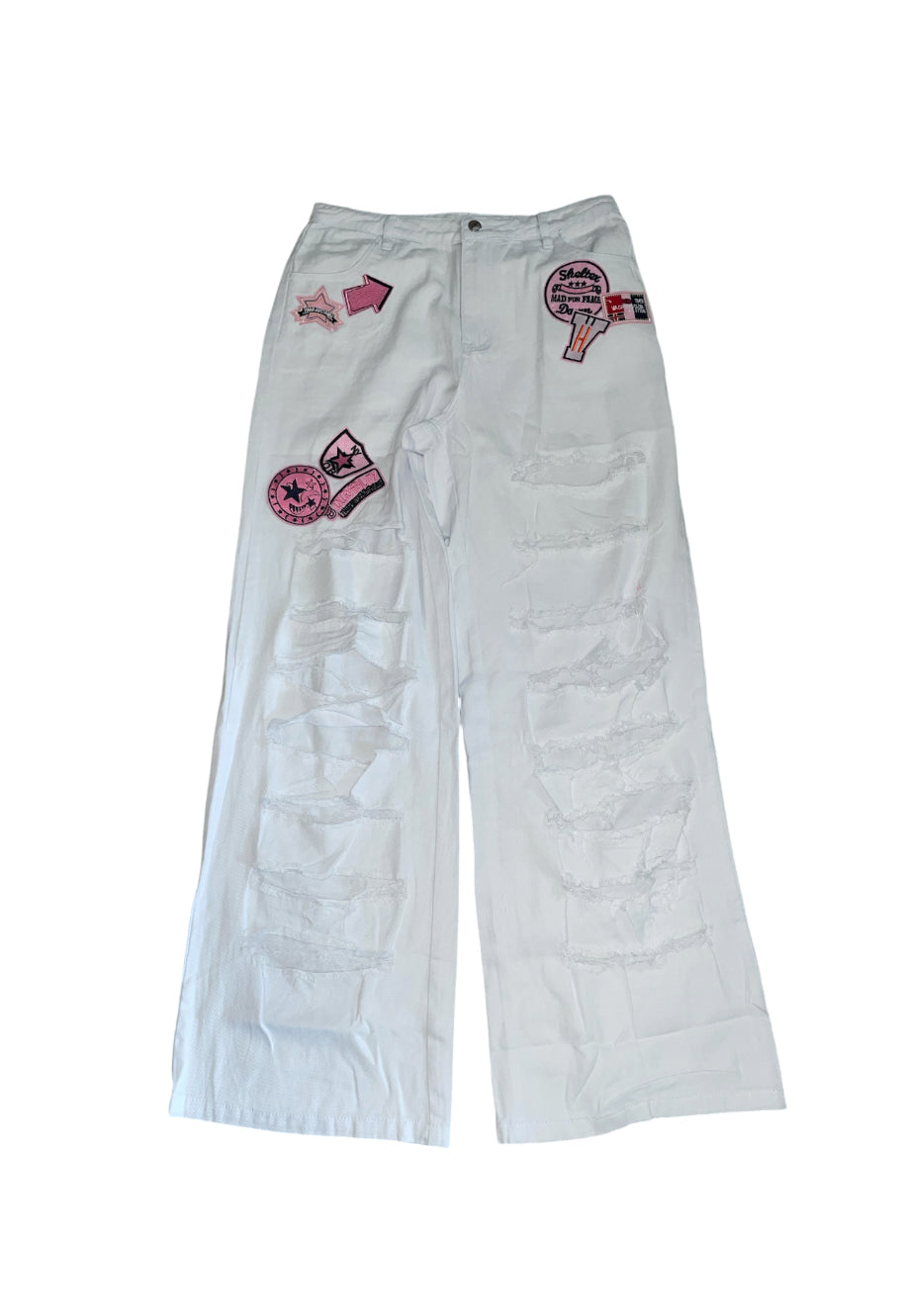 Hot and Delicious distressed, white trouser, patchwork pants (Large)