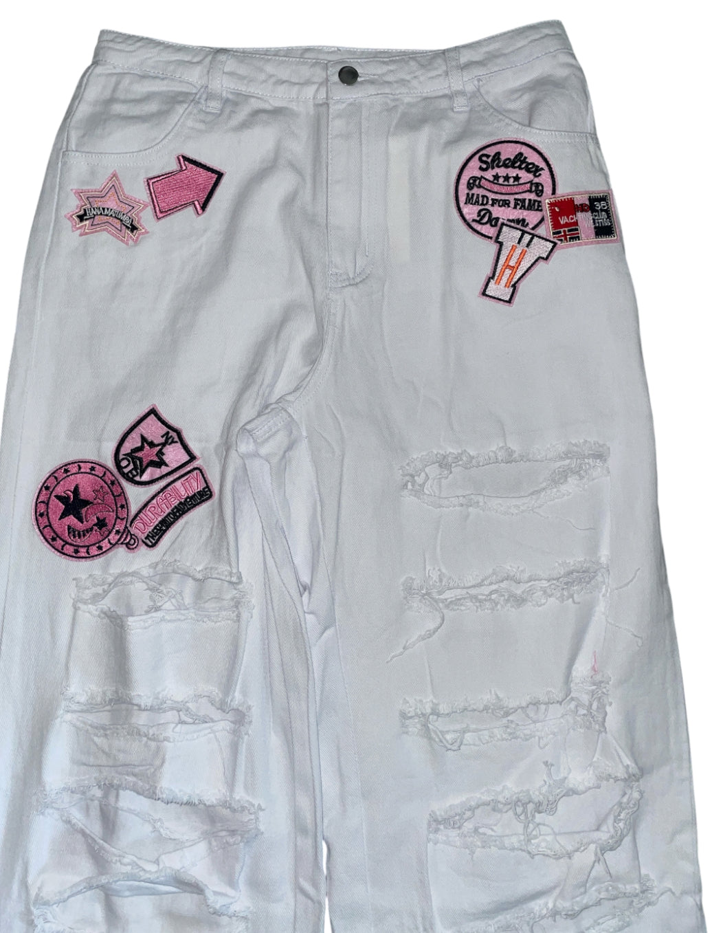 Hot and Delicious distressed, white trouser, patchwork pants (Large)