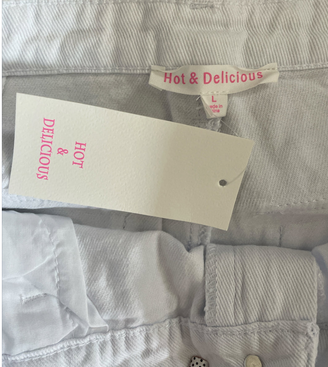 Hot and Delicious distressed, white trouser, patchwork pants (Large)