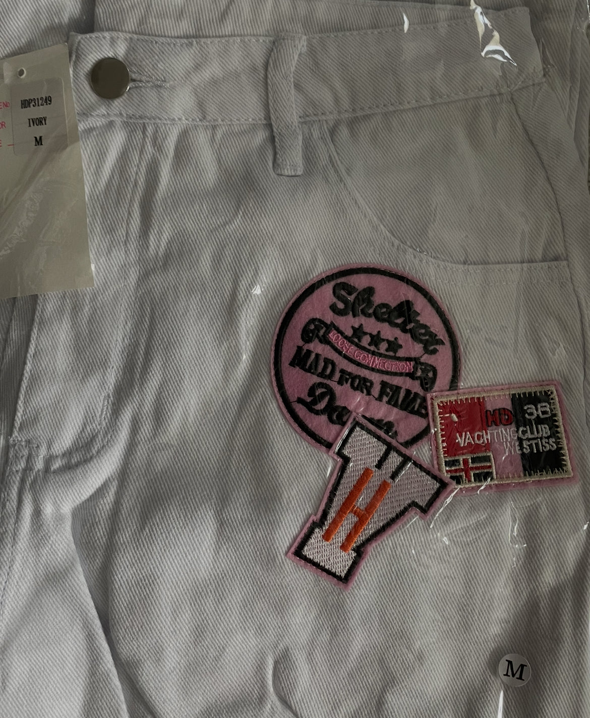 Hot and Delicious distressed, white trouser, patchwork pants (Small)