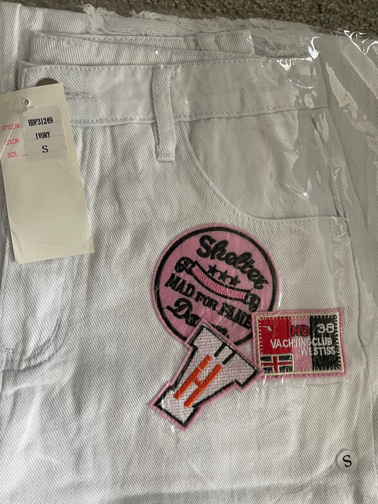 Hot and Delicious distressed, white trouser, patchwork pants (Small)