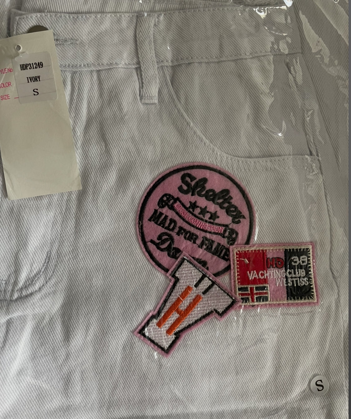 Hot and Delicious distressed, white trouser, patchwork pants (Small)