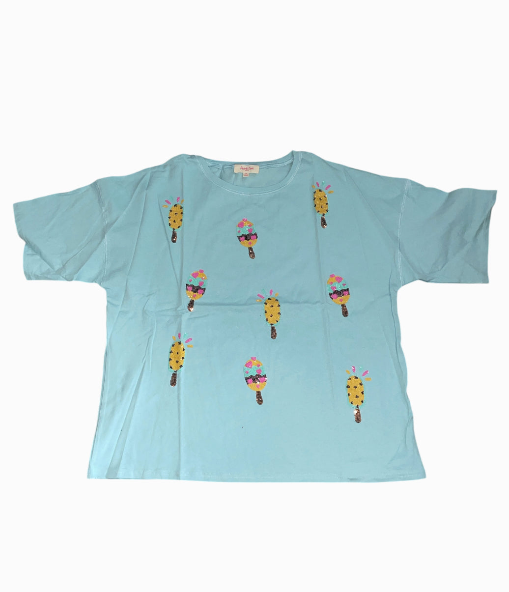 Peach Love California Blue Sequin Ice Cream| Popsicle Tee (Medium)