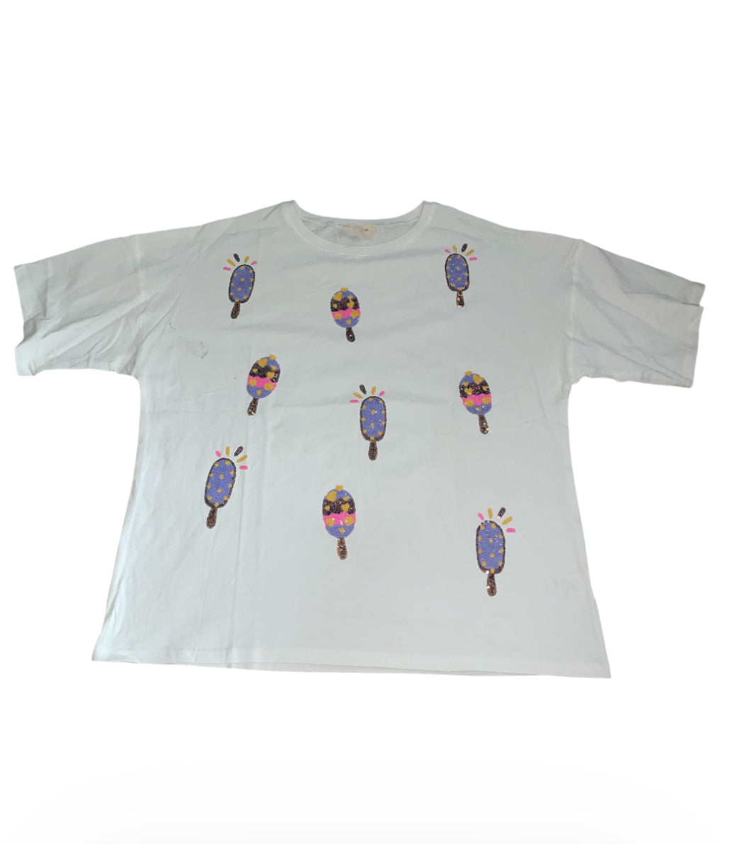 Peach Love California White Sequin Ice Cream Tee