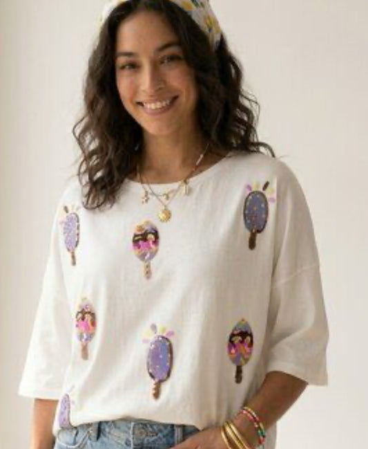 Peach Love California Blue Sequin Ice Cream| Popsicle Tee (Medium)