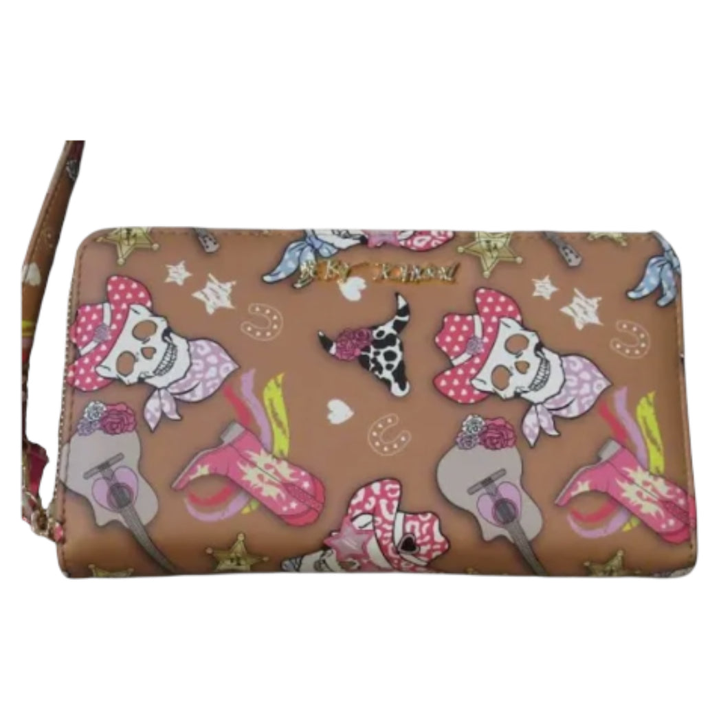 Betsey Johnson Skulls Cowgirl Boots Tan Pink Wallet