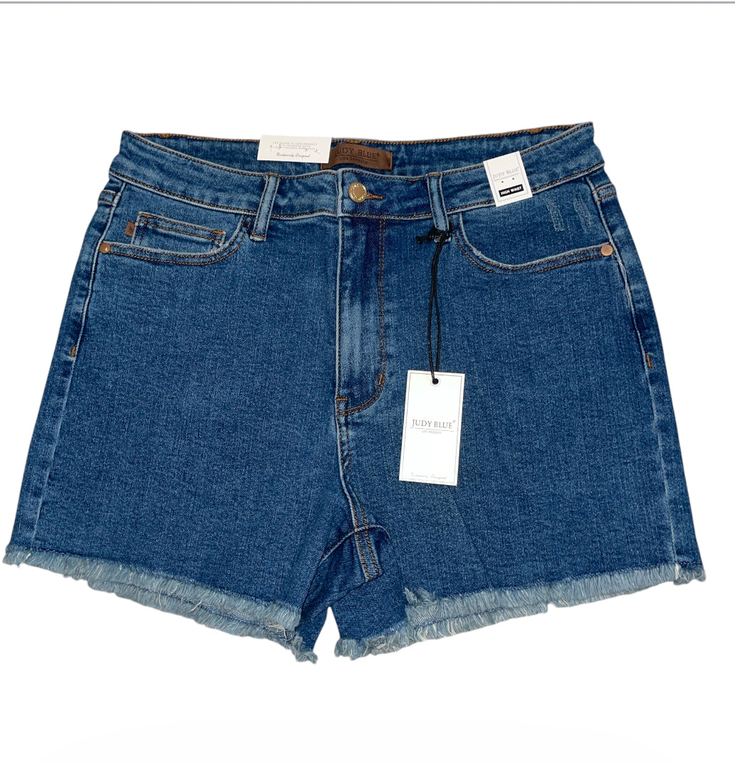 Judy Blue denim vintage high-rise cut shorts with a frayed hem.(XL)