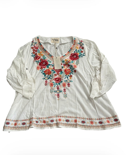 Savanna Jane white flowy embroidered babydoll boho tunic top (1x)