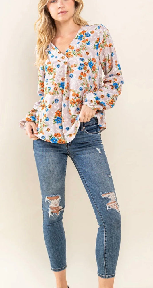 Heyson Robin Floral Long-Sleeve V Neck Blouse (1x)