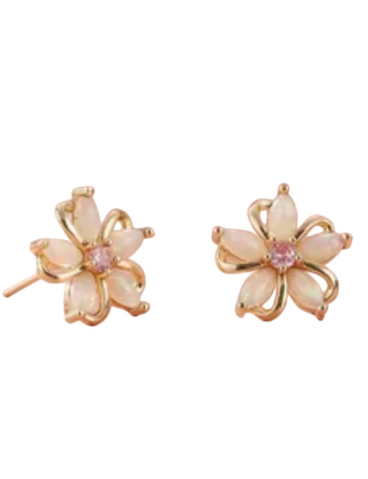 Opal flower stud earrings with a light pink gemstone centerpiece