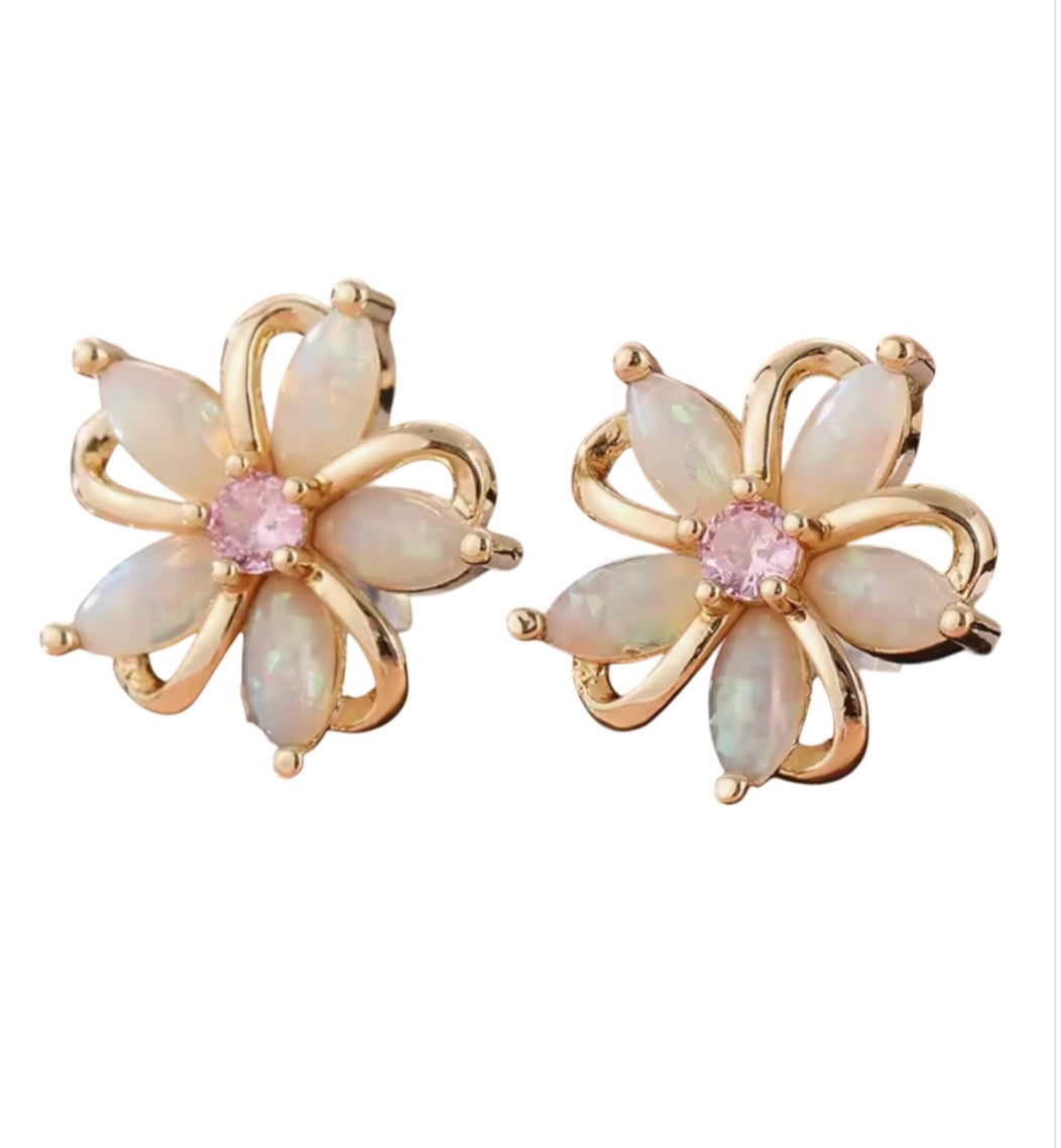 Opal flower stud earrings with a light pink gemstone centerpiece