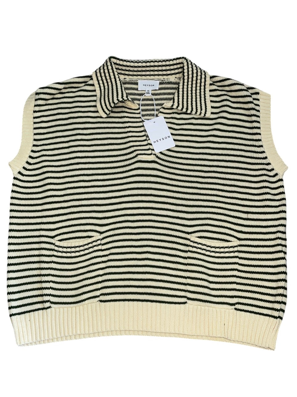 Heyson sleeveless, olive and cream striped knit sweater (3x)